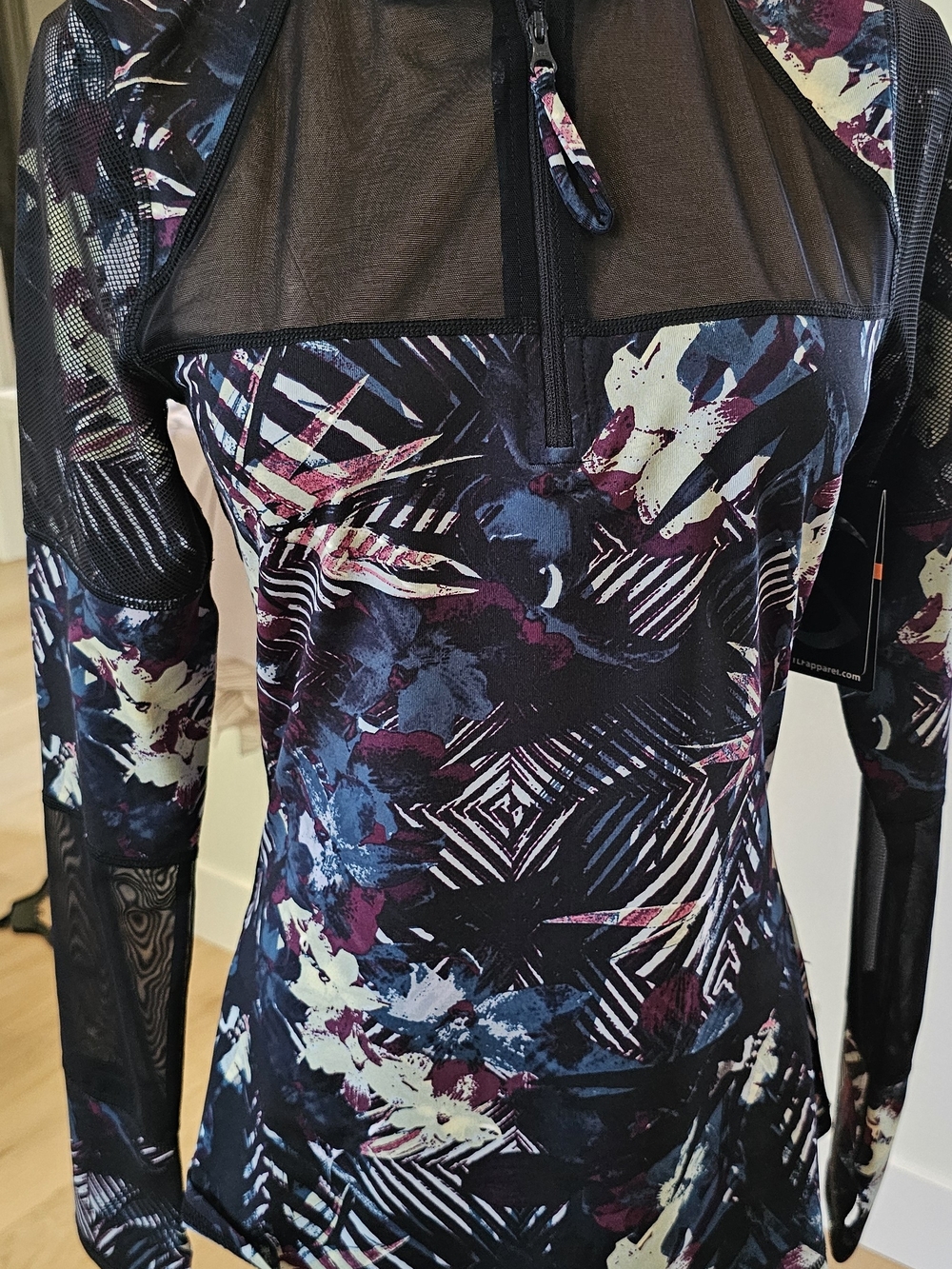 TLF Women’s Long-Sleeve Mesh Yoke Active Top in Black and Purple Print Size M